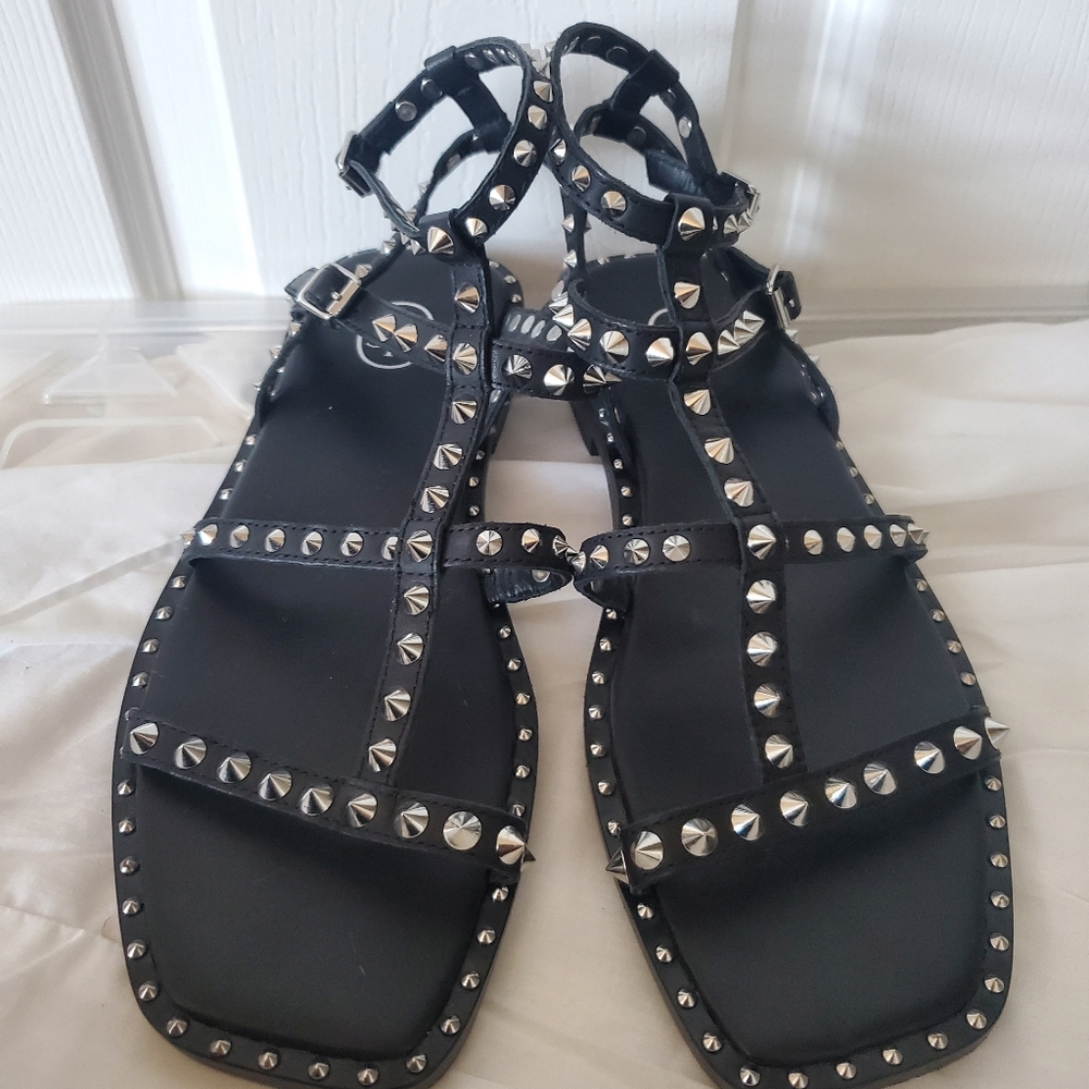 ASH Silver Stud Black Leather Sandals - Picture 12 of 16
